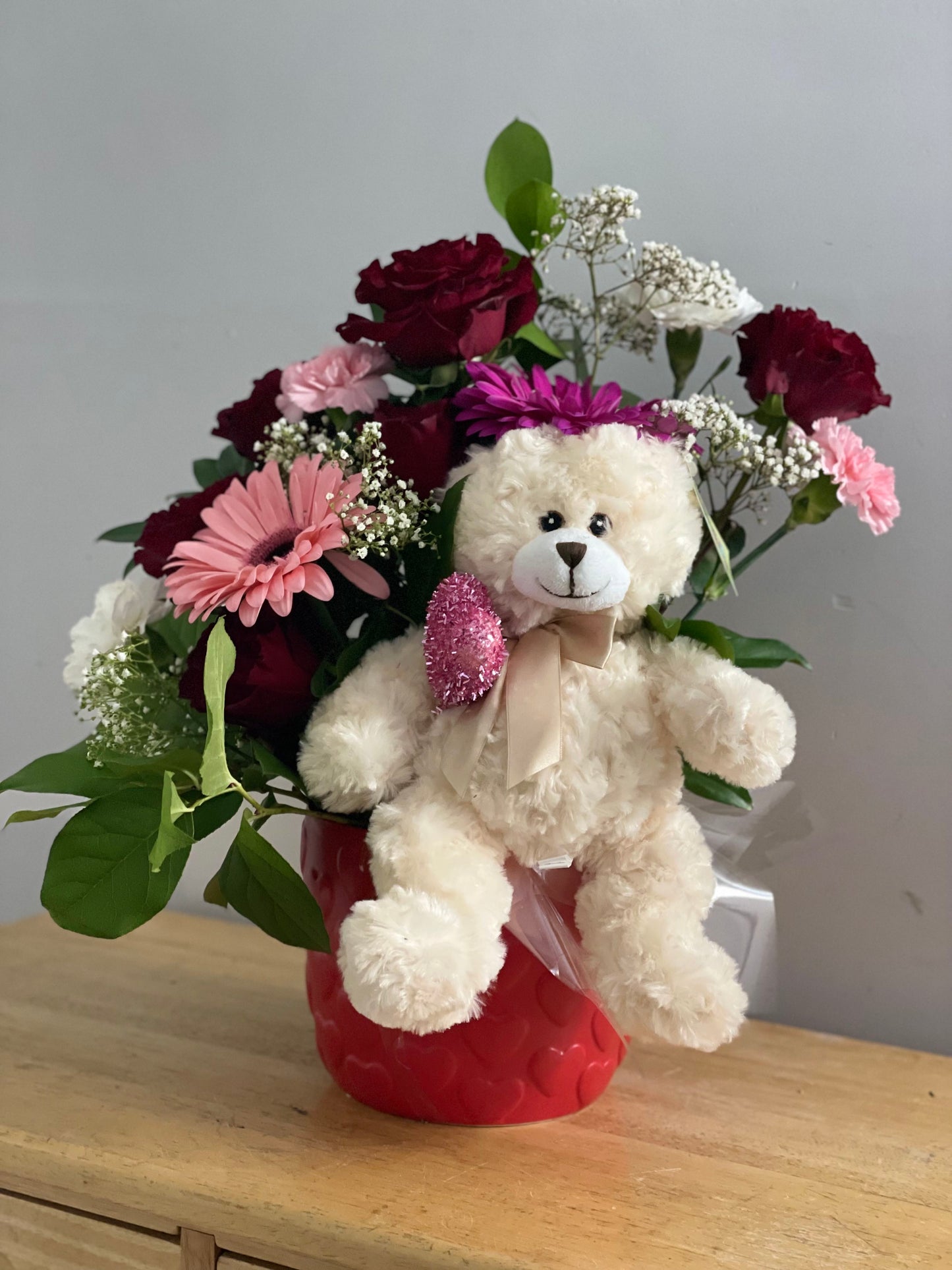Teddy Bear Showstopper Valentine's Rose Floral Arrangement