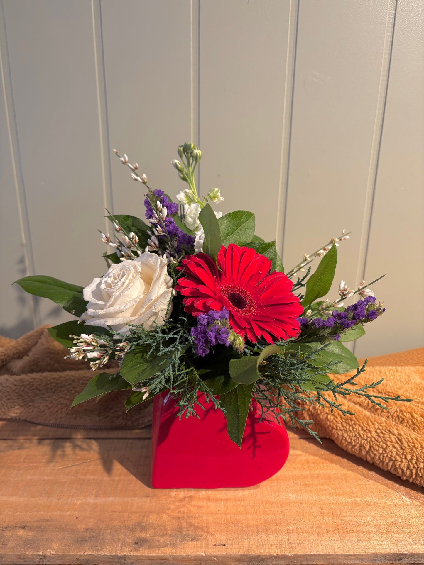 🧸Sweet Devotion – Red Gerbera & White Rose Valentine’s Arrangement | Okotoks Flower