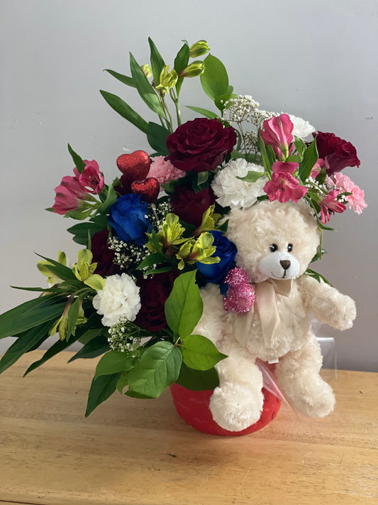 Teddy Bear Showstopper Valentine's Rose Floral Arrangement